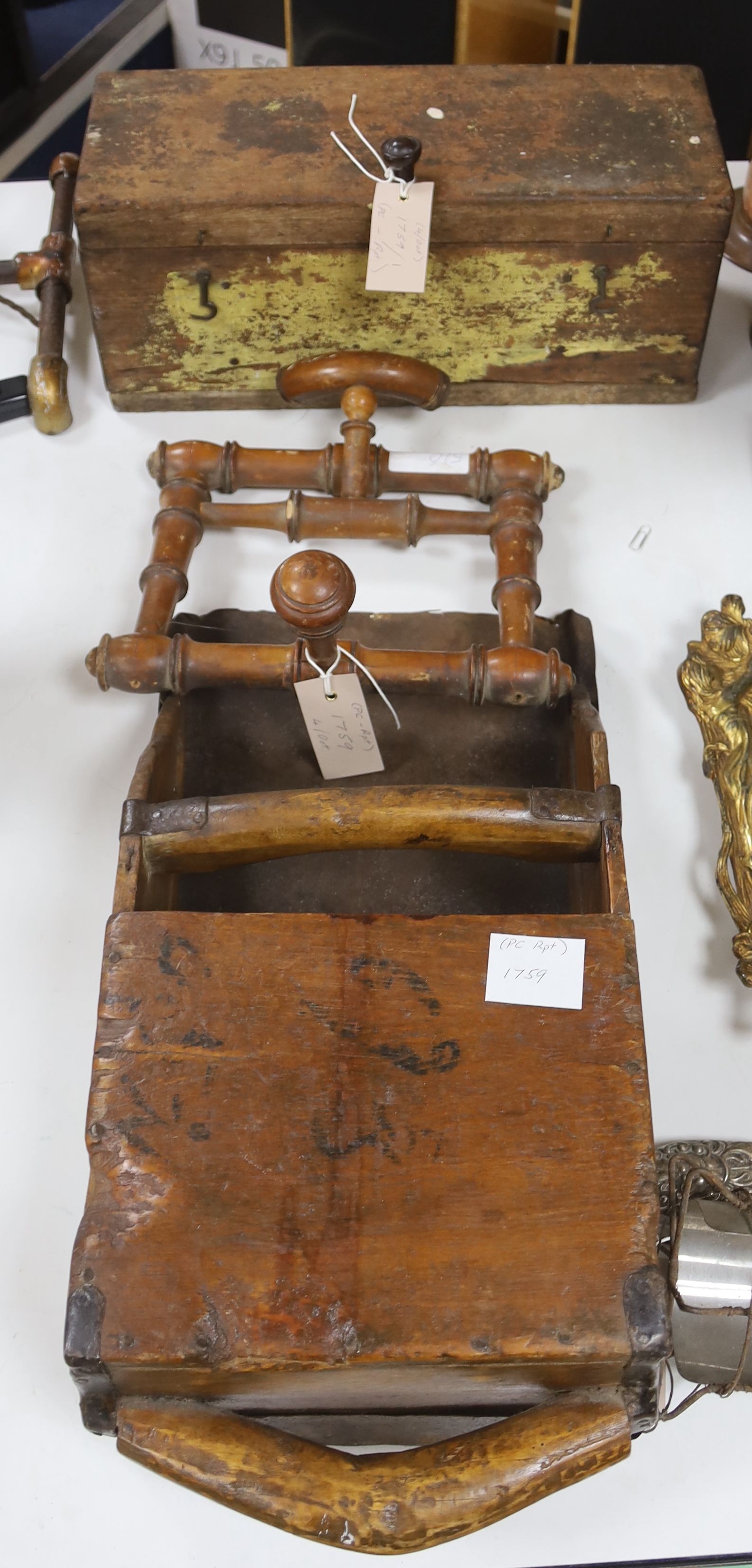 Three pieces of treen to include a grain shovel and two other pieces